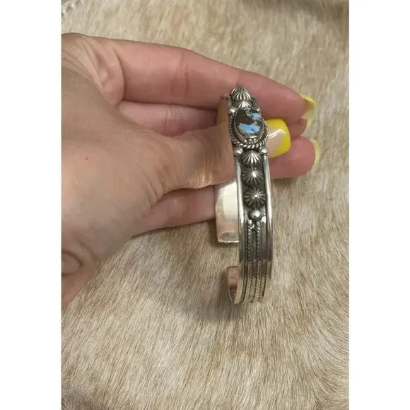 Native American SW Sterling Silver & Golden Hills Turquoise Dome Cuff Bracelet